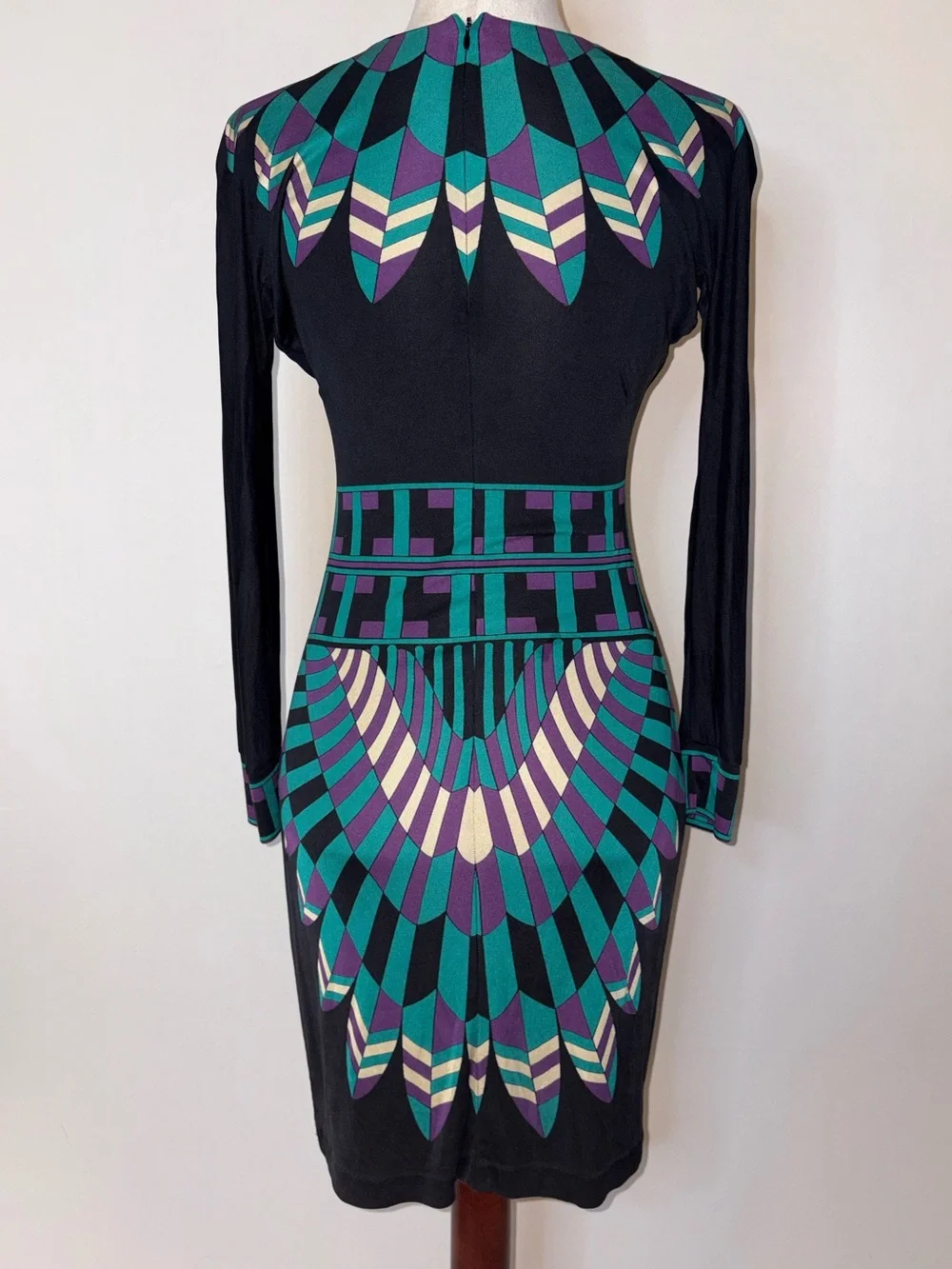 Tory Burch Art Deco Print Long-Sleeve 100% Silk Knit Dress Size XS